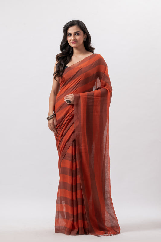 Soft Cotton Brick Red Chequered Handwoven  Saree