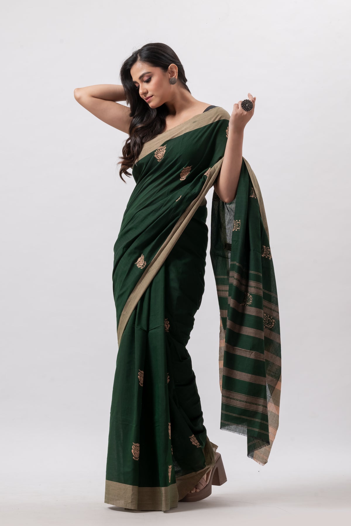 Deep Green Pure Cotton Handwoven Saree