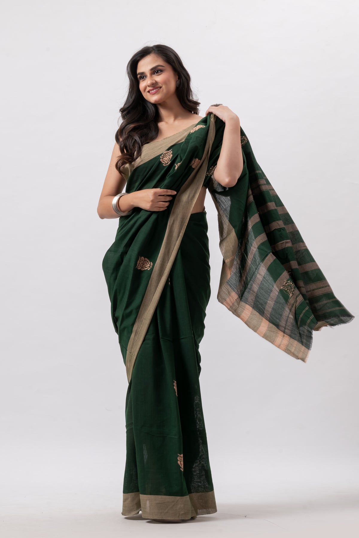 Deep Green Pure Cotton Handwoven Saree