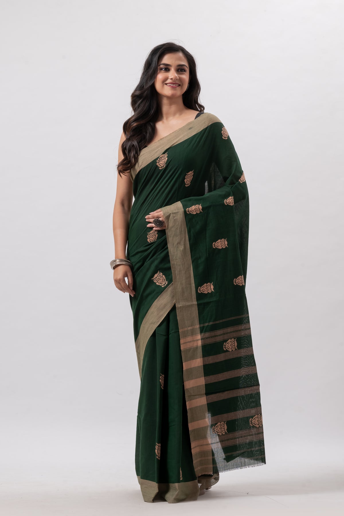 Deep Green Pure Cotton Handwoven Saree