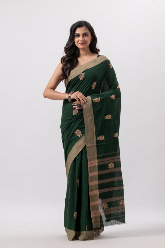 Deep Green Pure Cotton Handwoven Saree