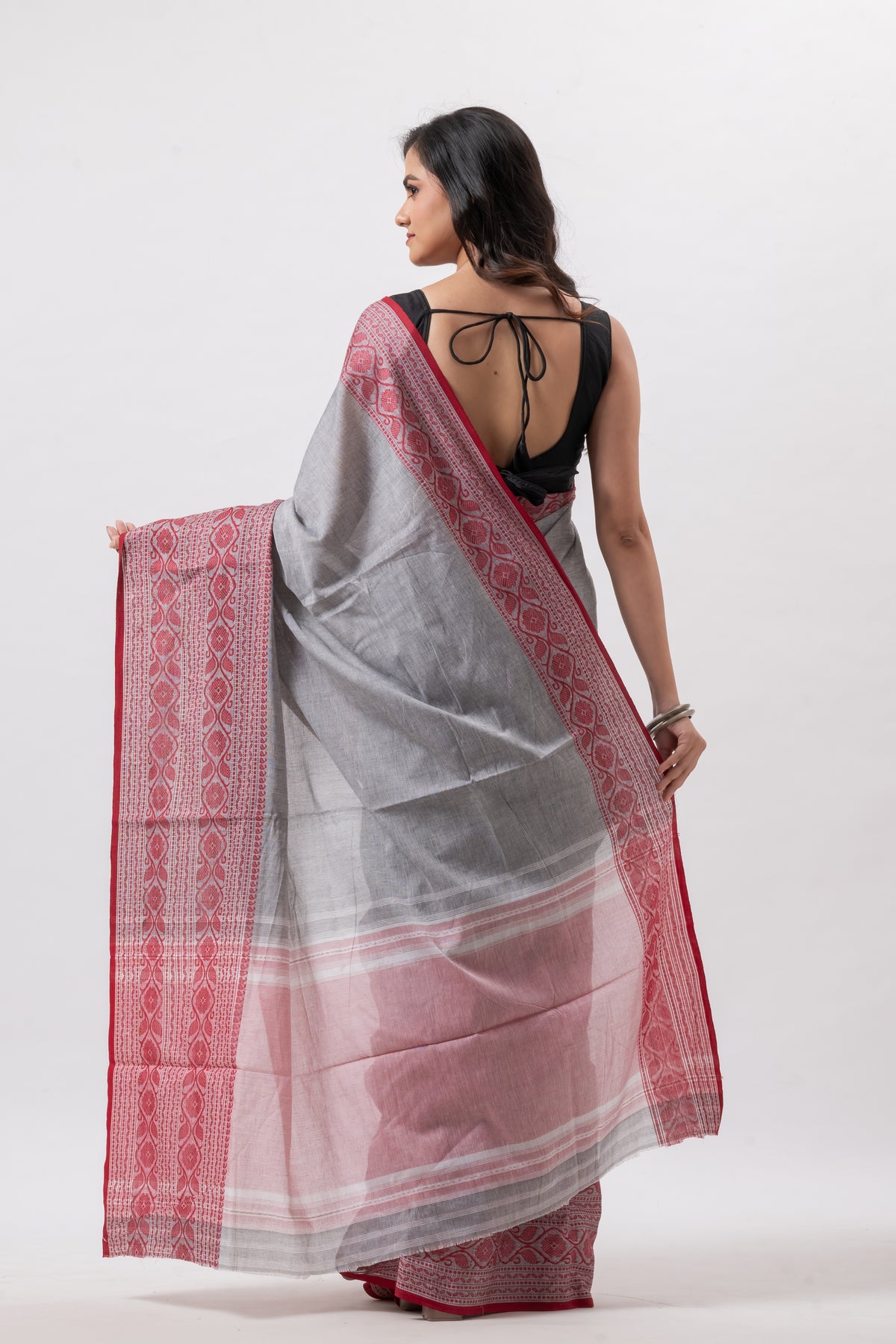 Grey & Red Border Dhonekhali Pure Saree