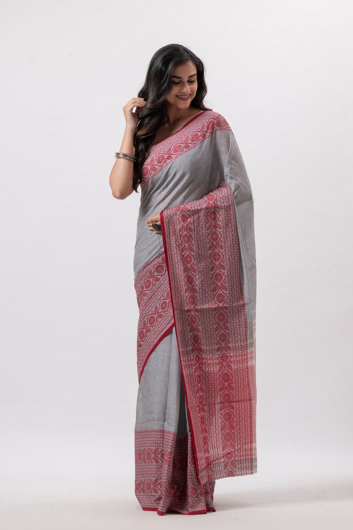 Grey & Red Border Dhonekhali Pure Saree