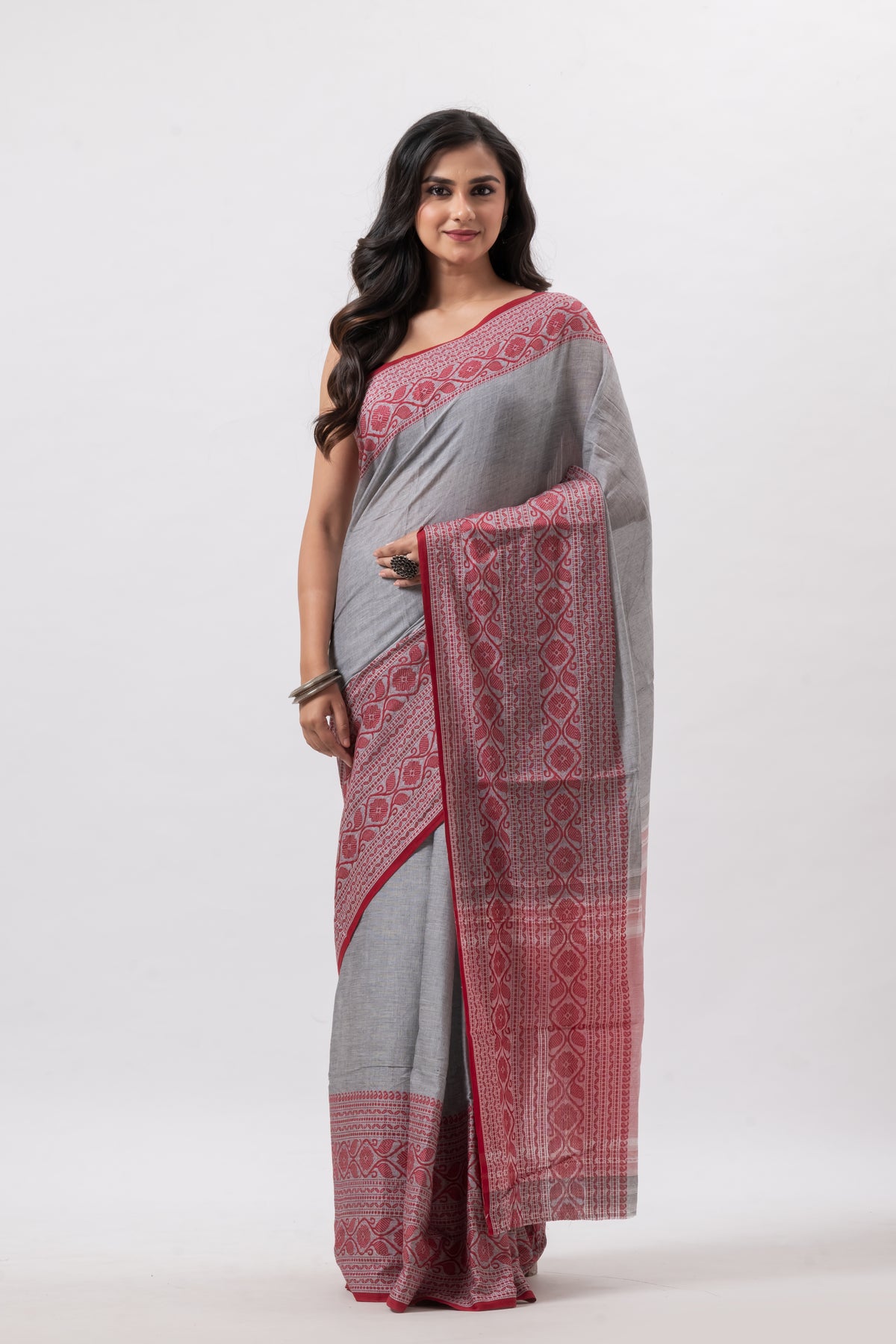 Grey & Red Border Dhonekhali Pure Saree