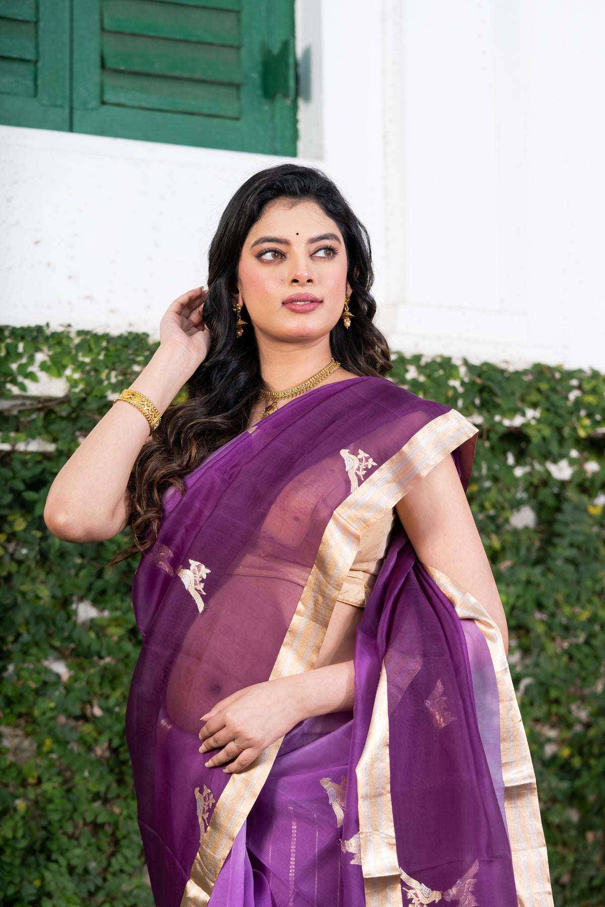 Pakhna Pure Kora Organza Banarasi Saree Purple