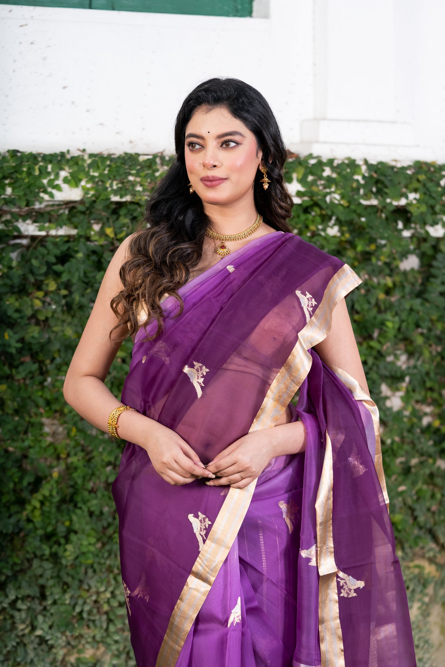 Pakhna Pure Kora Organza Banarasi Saree Purple