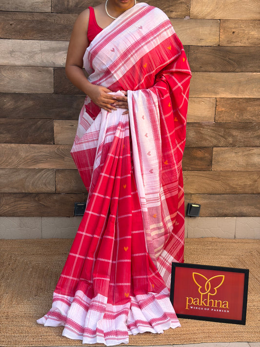 Red & White Pure Cotton Hand  Wooven Dhonekhali Saree