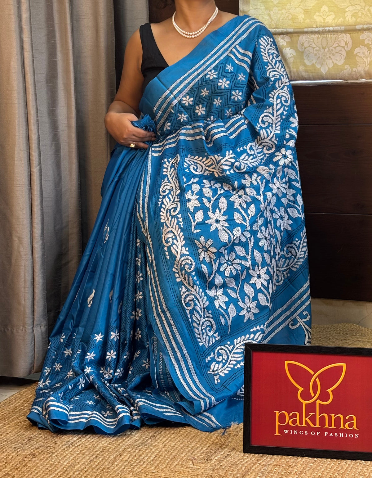 Blue hand Kantha work Saree