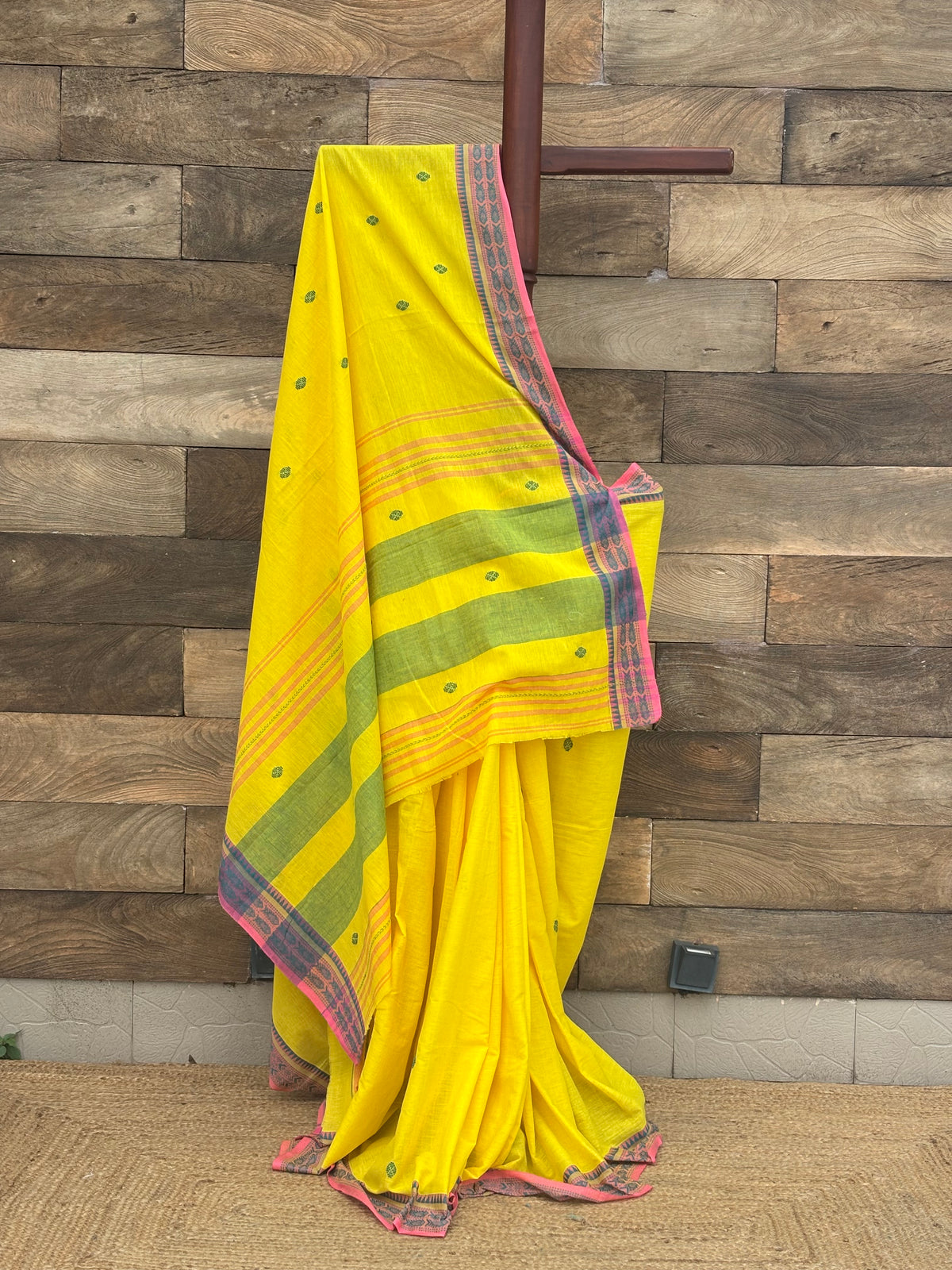 Yellow Mach Paar Soft Cotton Dhonekhali Saree