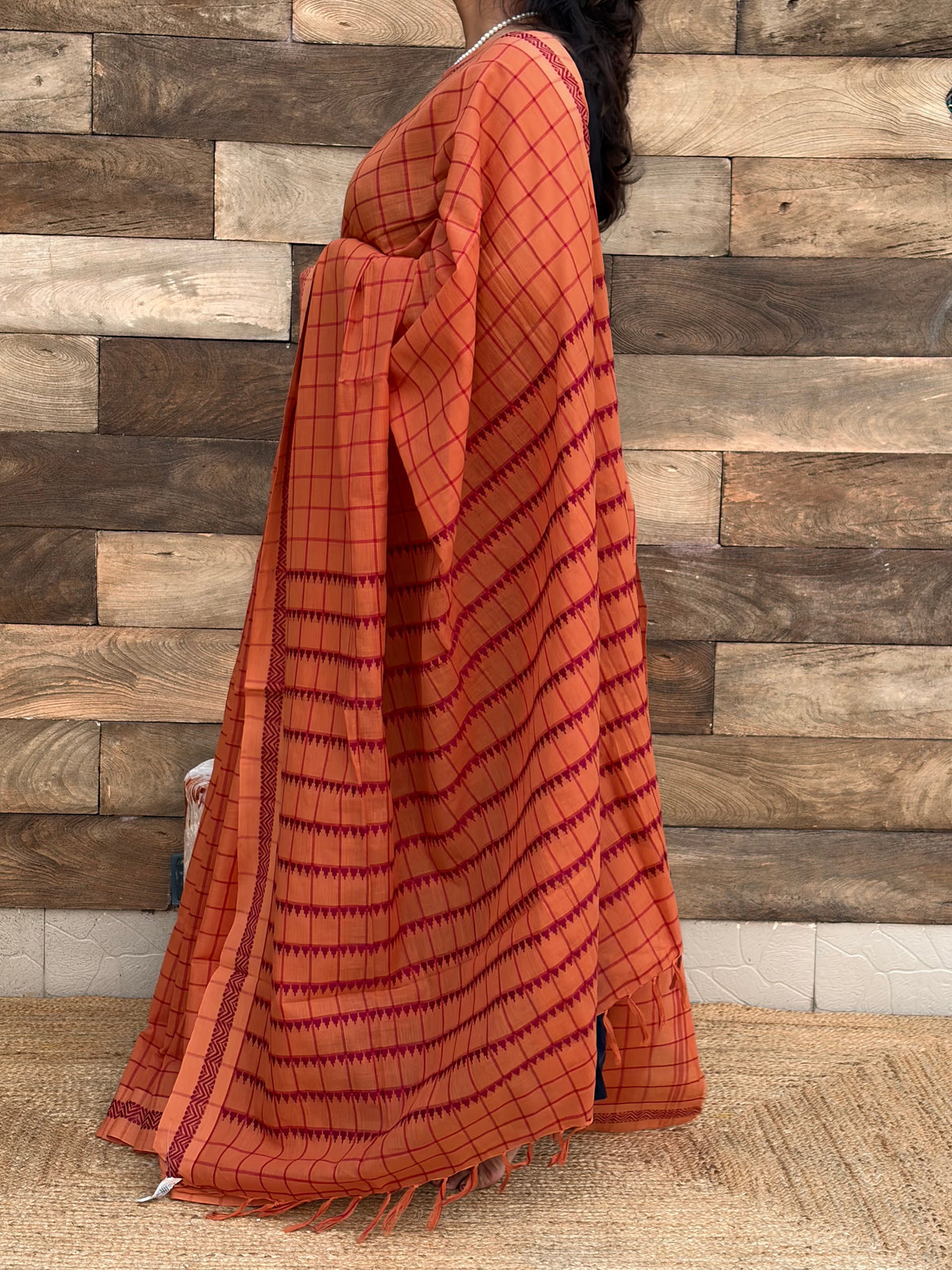 Pure Cotton orange check Begumpuri Handwoven Saree