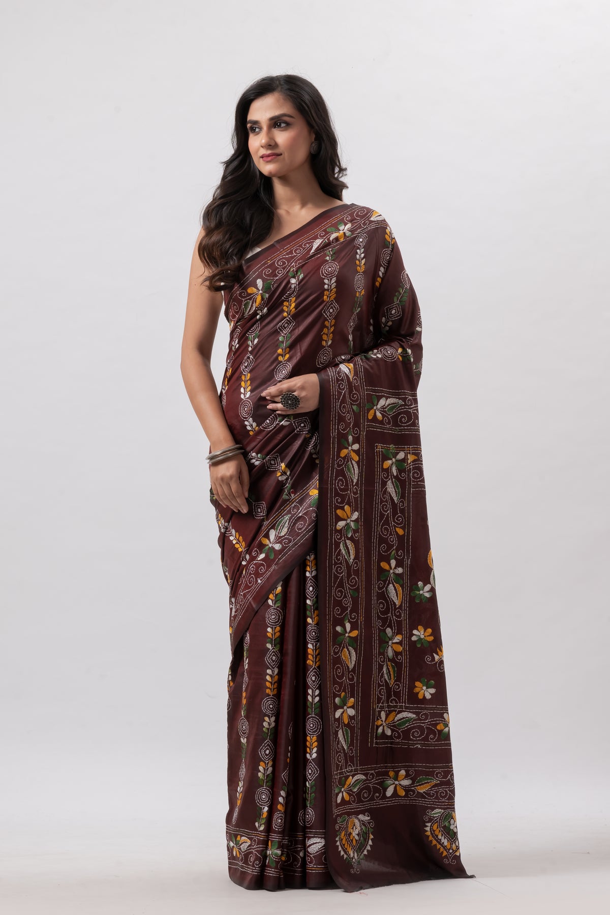 Kantha Stitch Saree on Blended Bangalore Silk