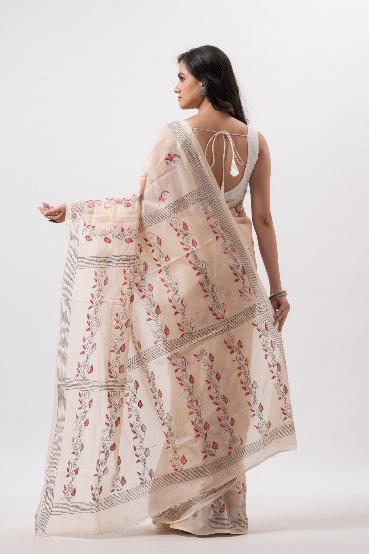 Light Peach Pure Cotton Hand Kantha Work Saree