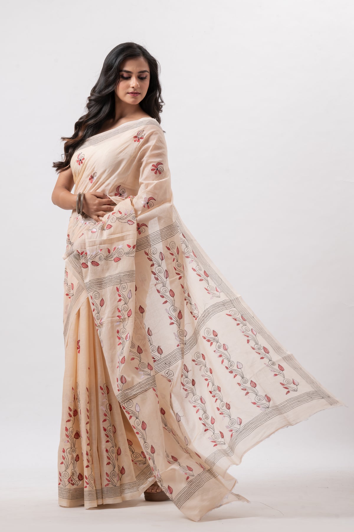 Light Peach Pure Cotton Hand Kantha Work Saree