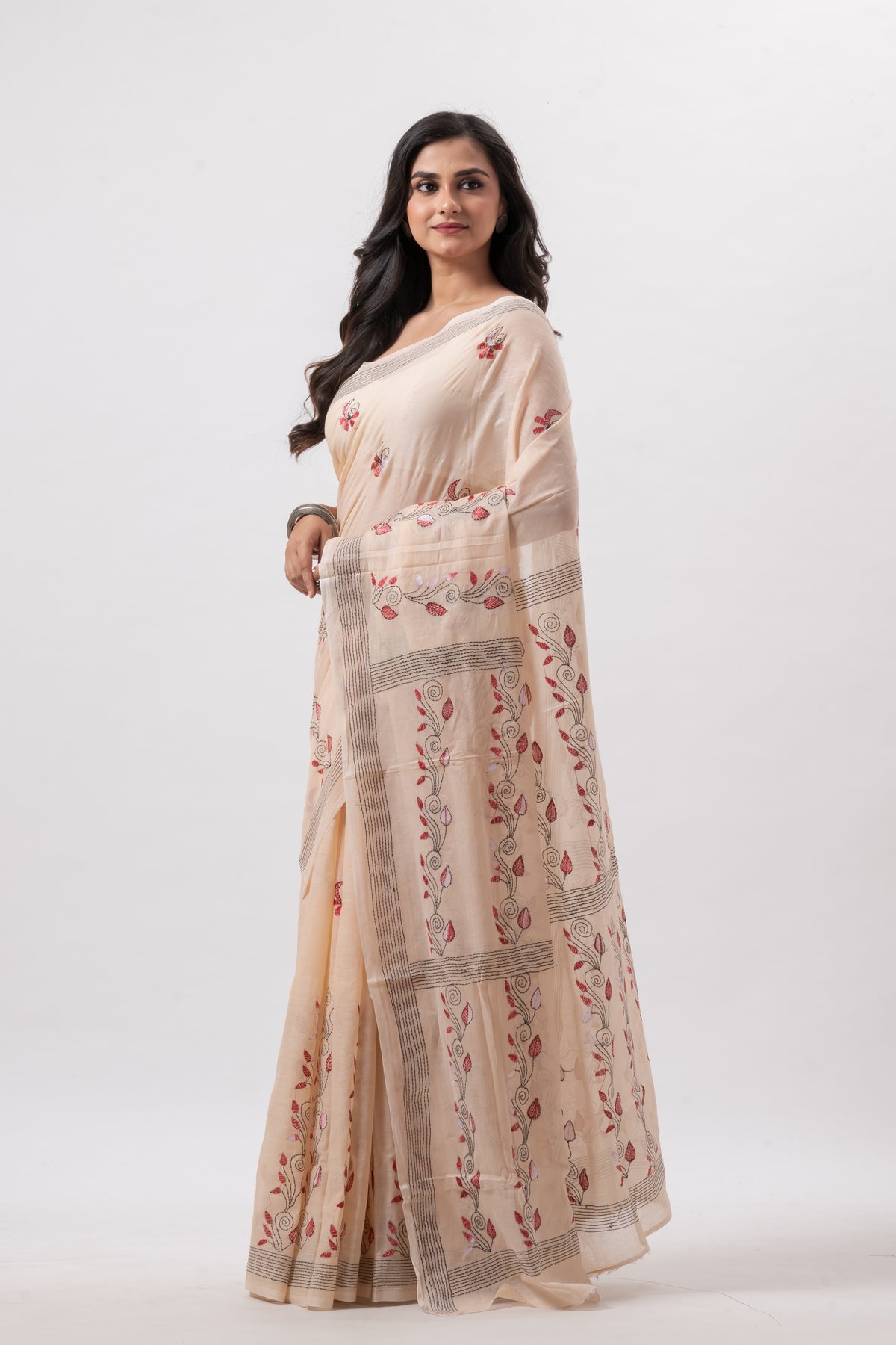 Light Peach Pure Cotton Hand Kantha Work Saree