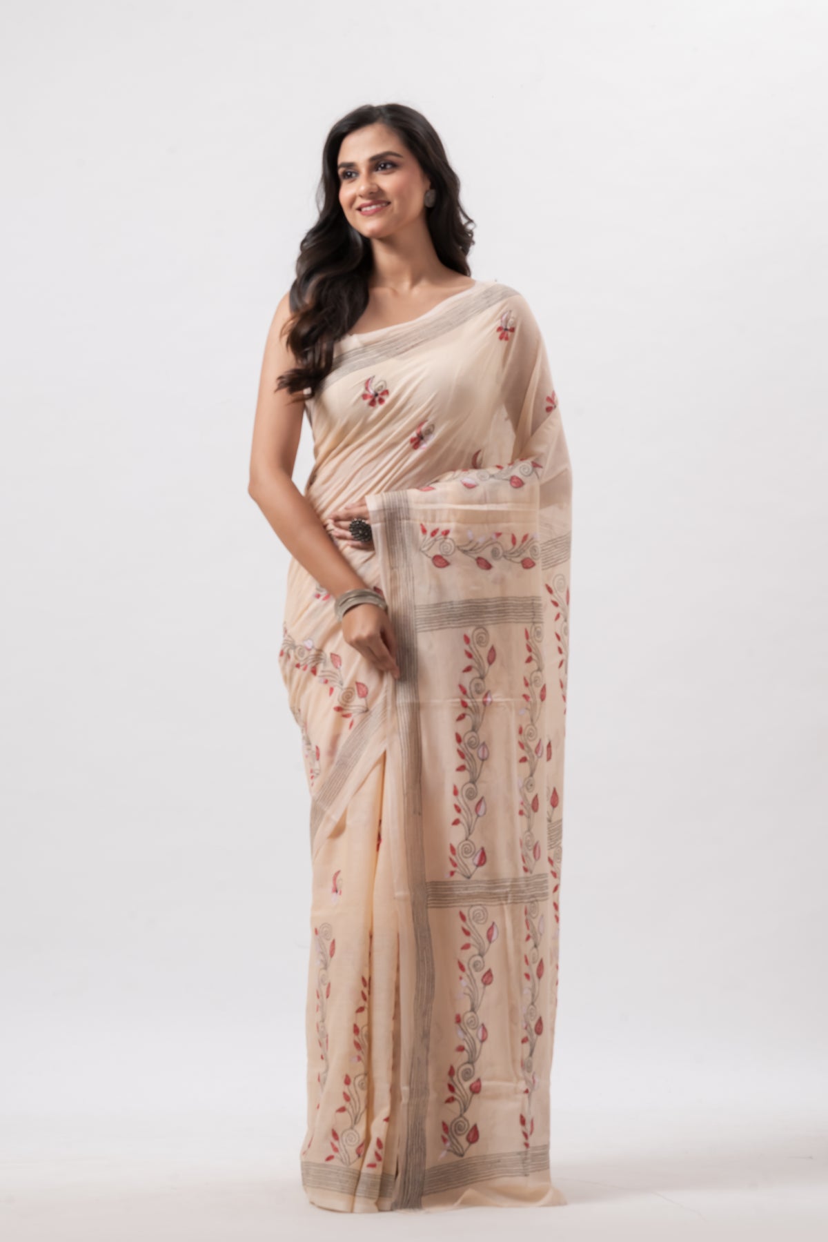 Light Peach Pure Cotton Hand Kantha Work Saree