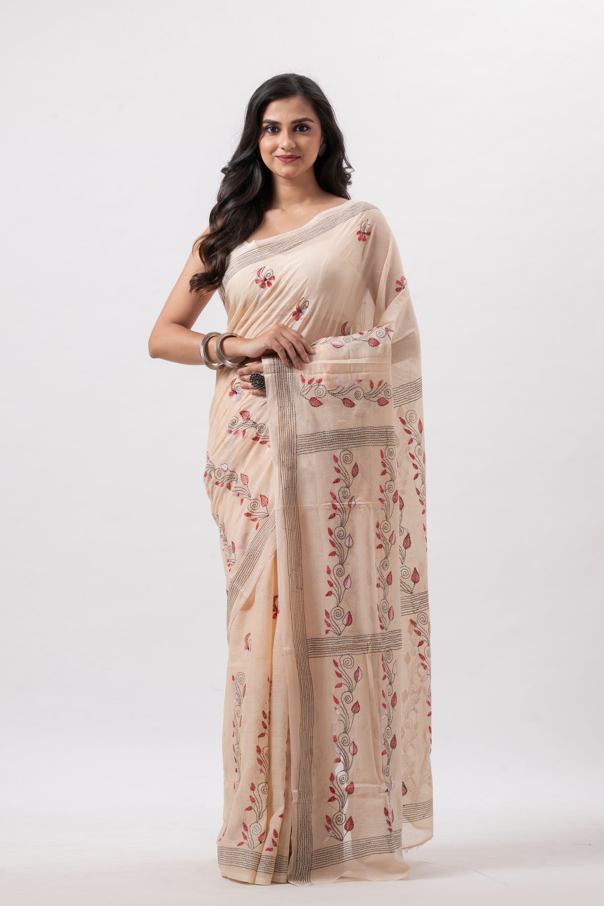 Light Peach Pure Cotton Hand Kantha Work Saree