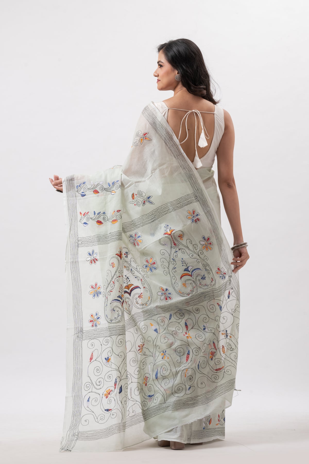 Very light Green Pure Cotton Hand Kantha Saree