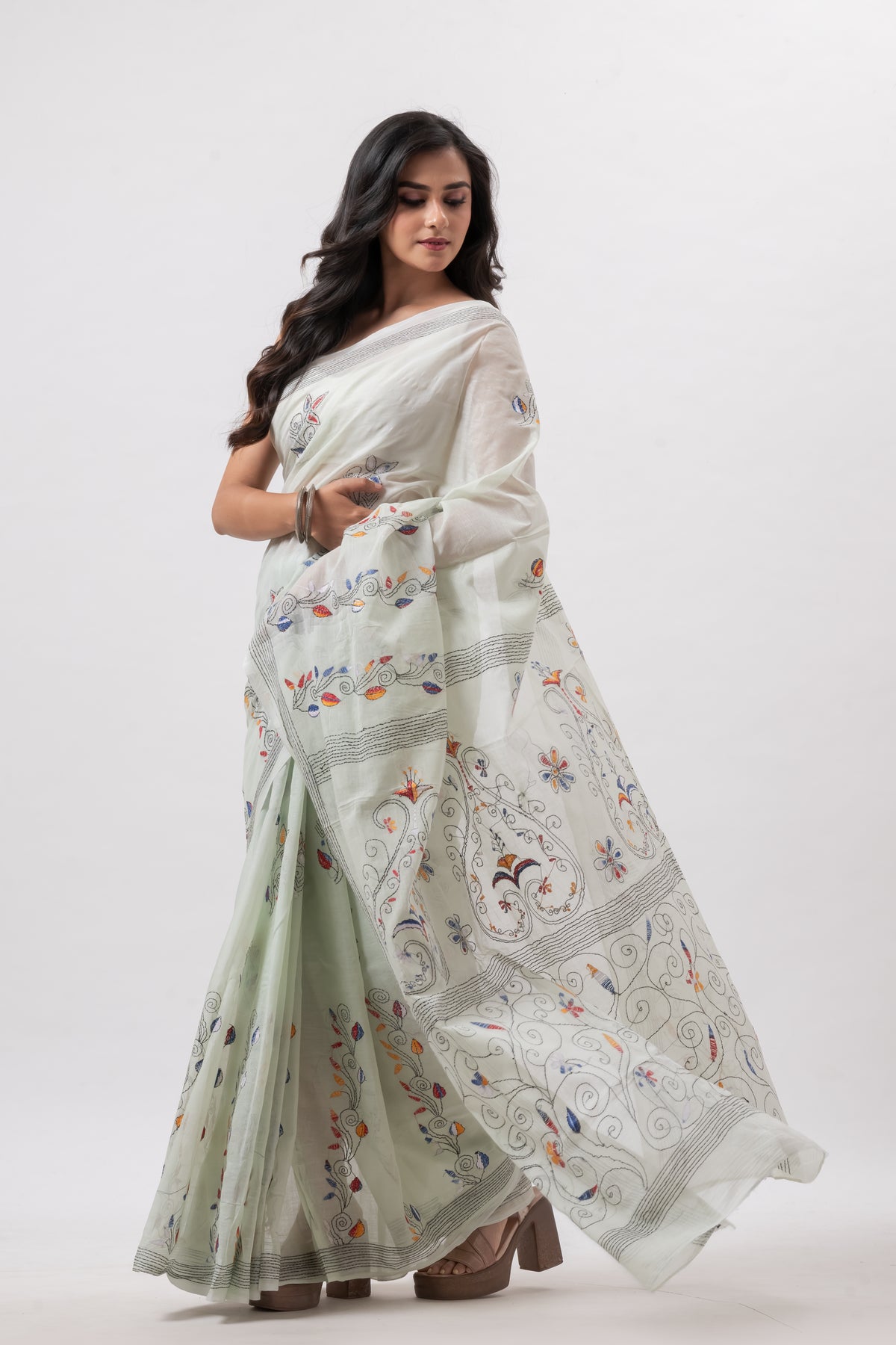 Very light Green Pure Cotton Hand Kantha Saree