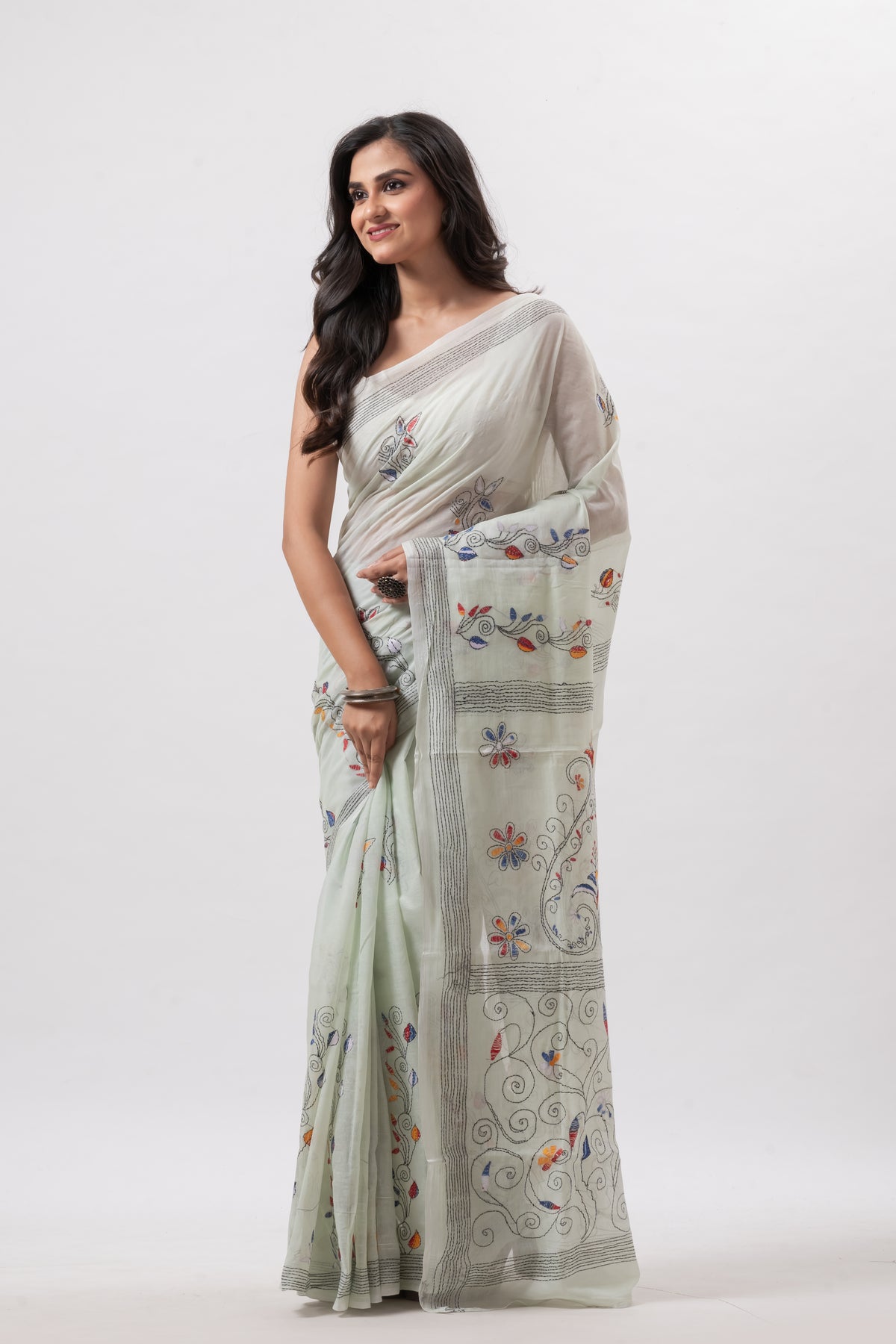 Very light Green Pure Cotton Hand Kantha Saree