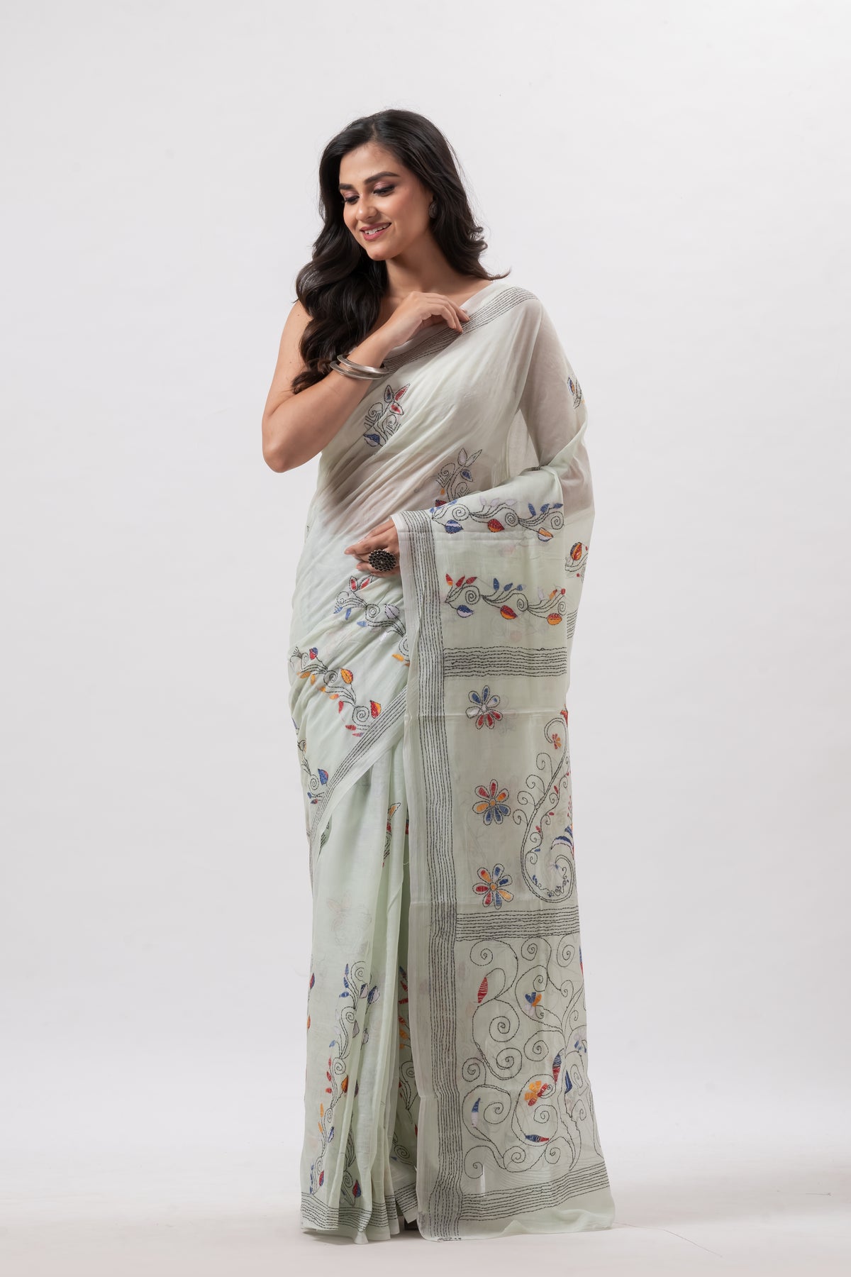 Very light Green Pure Cotton Hand Kantha Saree
