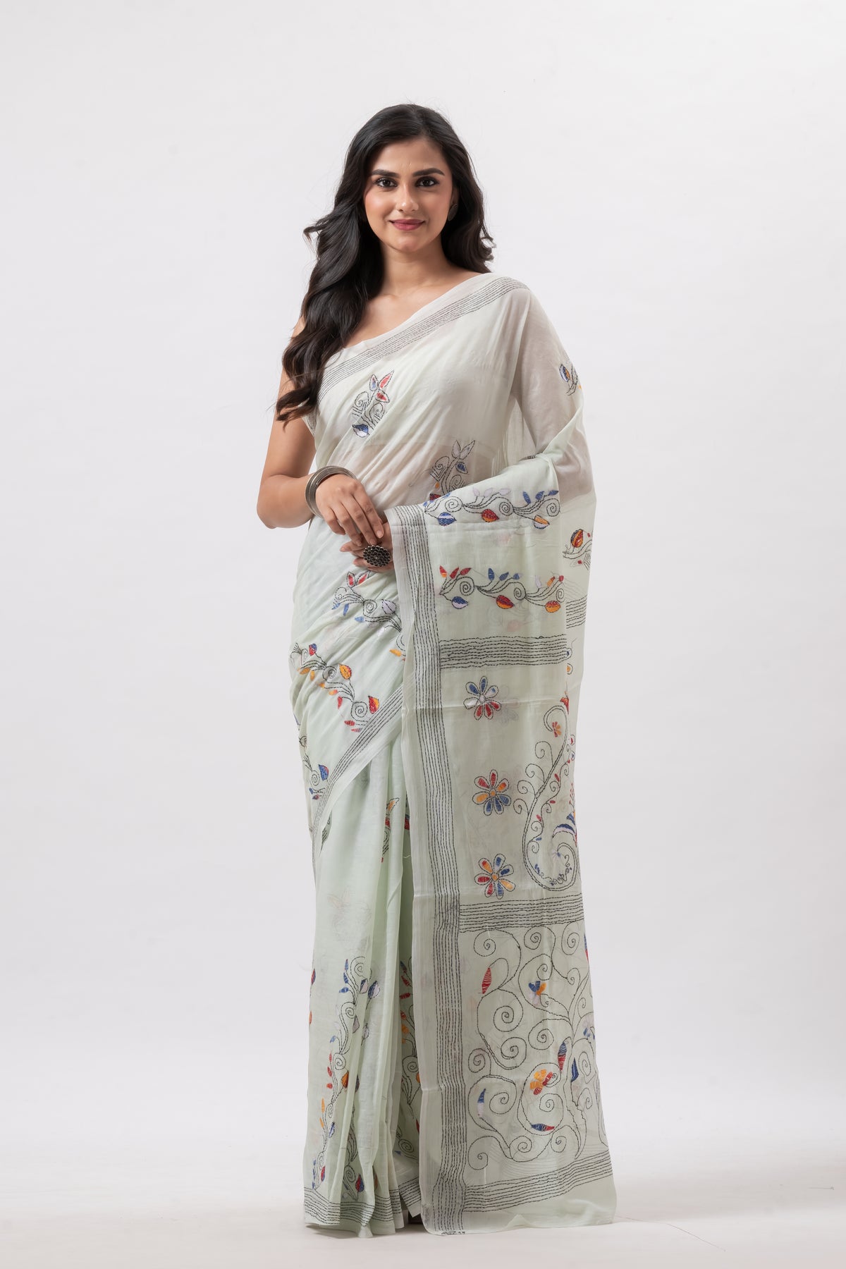 Very light Green Pure Cotton Hand Kantha Saree