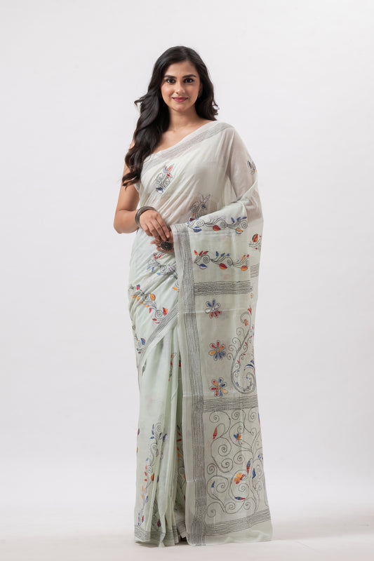 Very light Green Pure Cotton Hand Kantha Saree