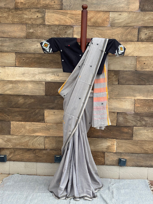 Grey Pure Cotton handwoven Dhonekhali Saree