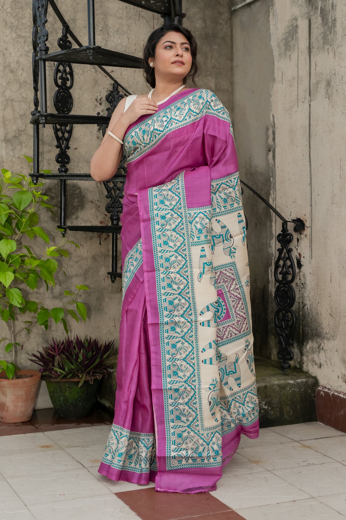 Purple Madhubani Pure Tussar Silk Saree