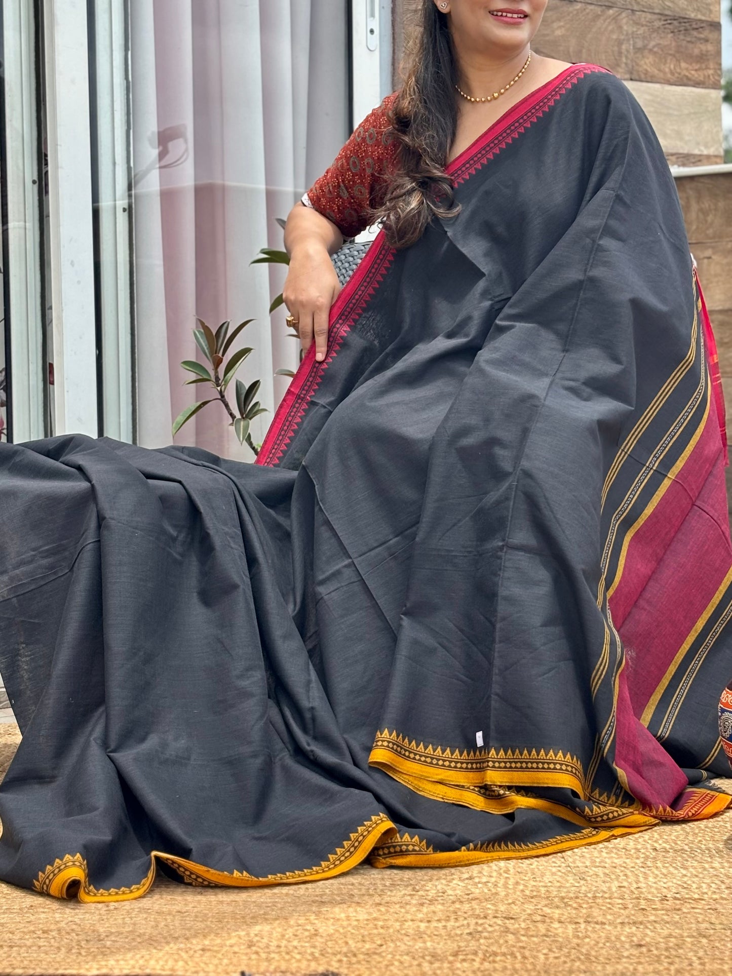 Black  Pure Cotton Dhonekhali Saree