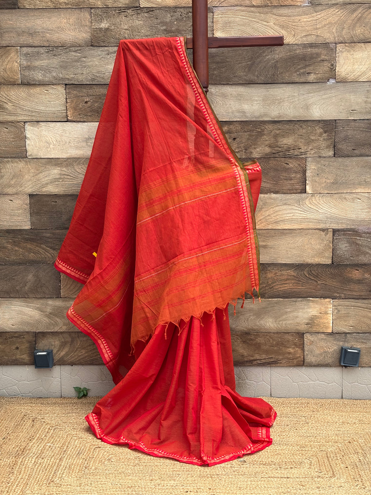 Saffron / Orange Pure Cotton Dhonekhali Saree