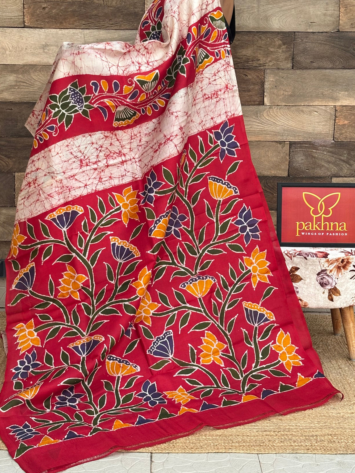 Red and white pure silk batik printed saree - view 3