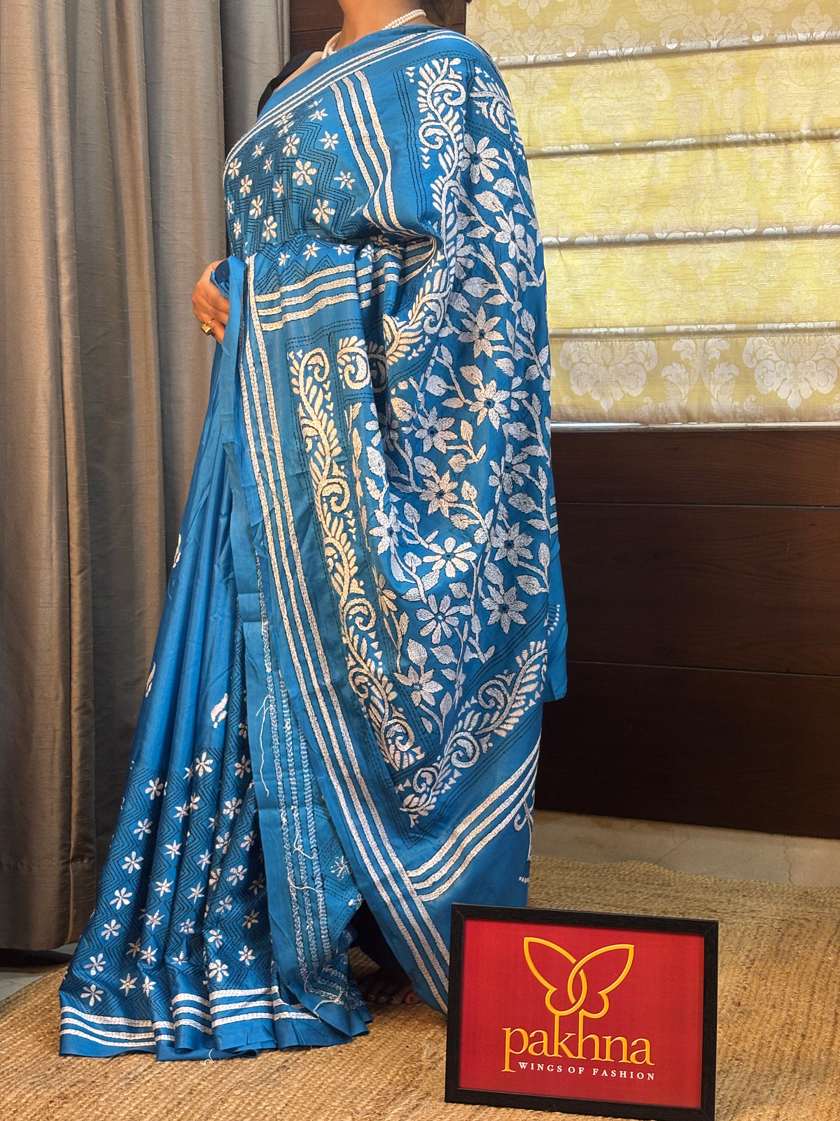 Blue hand Kantha work Saree