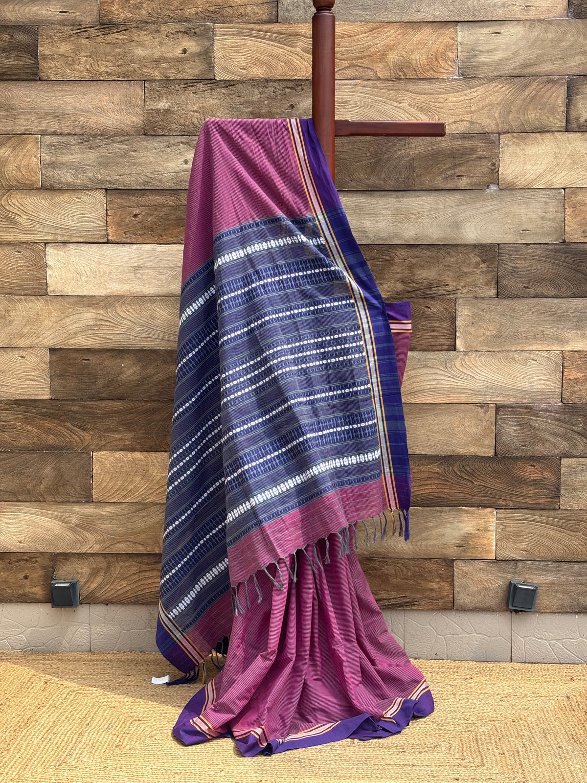 Purple horizontal check  Pure Cotton Handwoven Begumpuri Saree