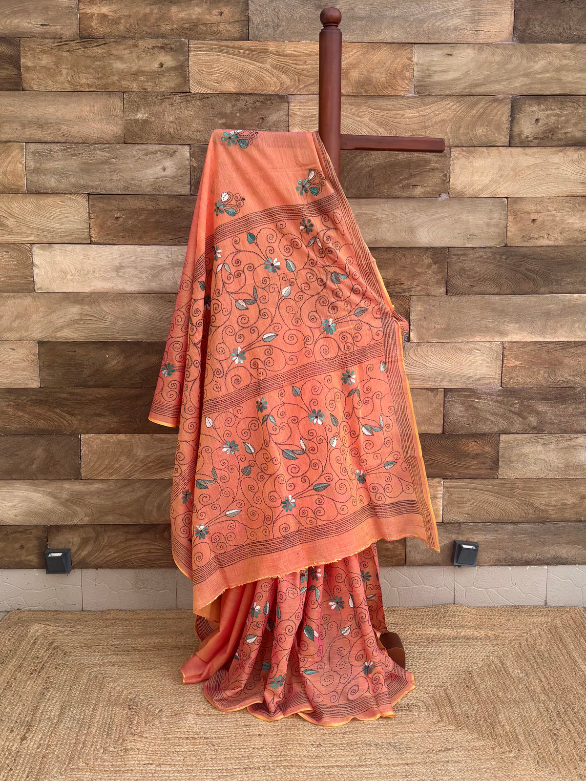 Orange Pure Cotton Hand  Kantha Saree