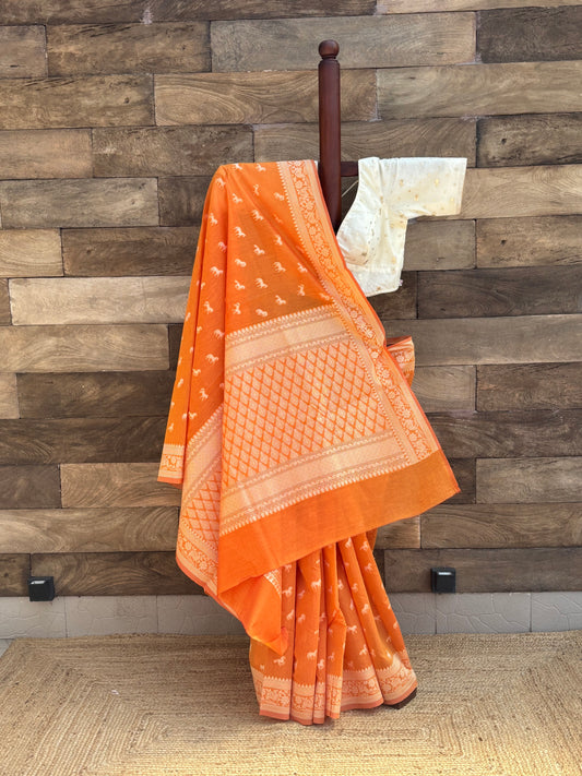 Orange - Mercerised Cotton saree