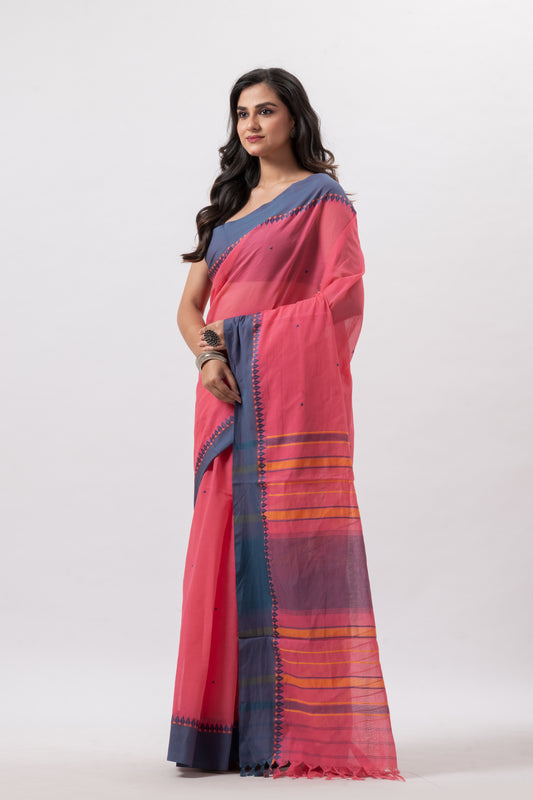 Peach Pink Handwoven Pure Cotton Begumpuri Saree