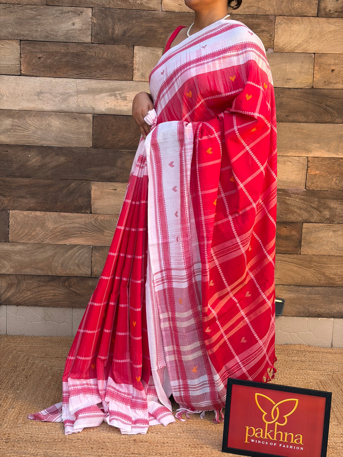 Red & White Pure Cotton Hand  Wooven Dhonekhali Saree