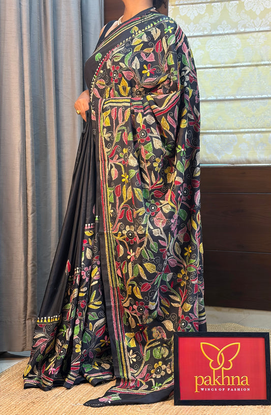 Black with multi colour thread hanfcrafted Kantha Stitch Saree on blended silk