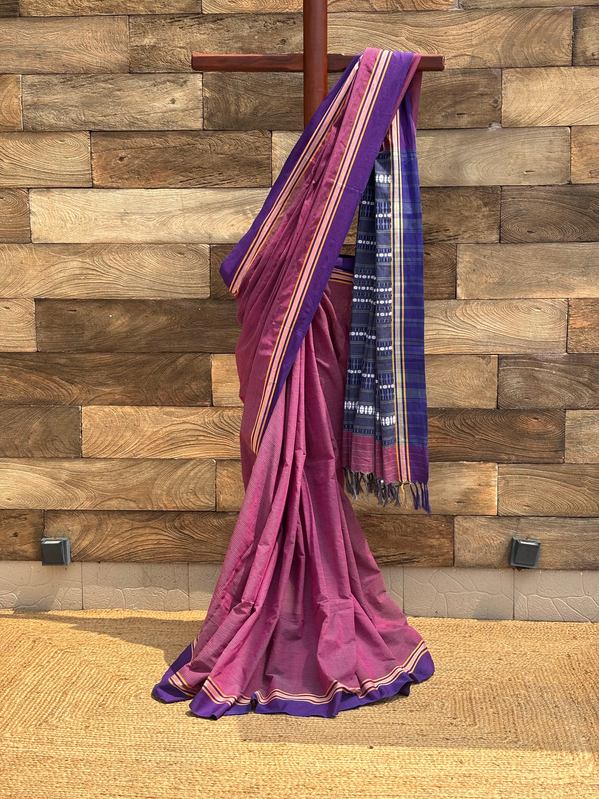 Purple horizontal check  Pure Cotton Handwoven Begumpuri Saree