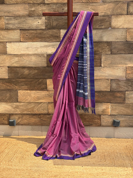 Purple horizontal check  Pure Cotton Handwoven Begumpuri Saree