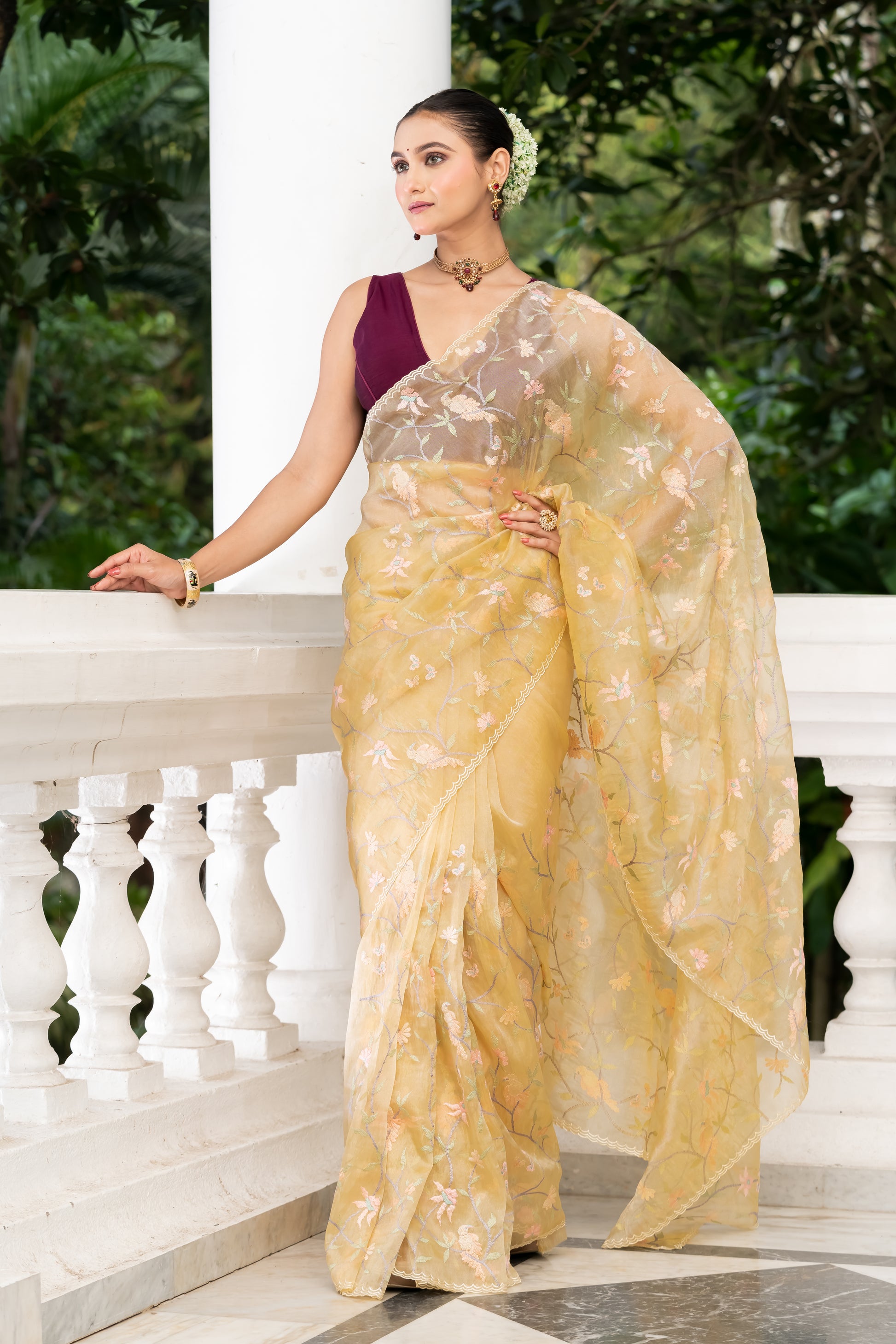 beige fancy tissue embroidery saree
