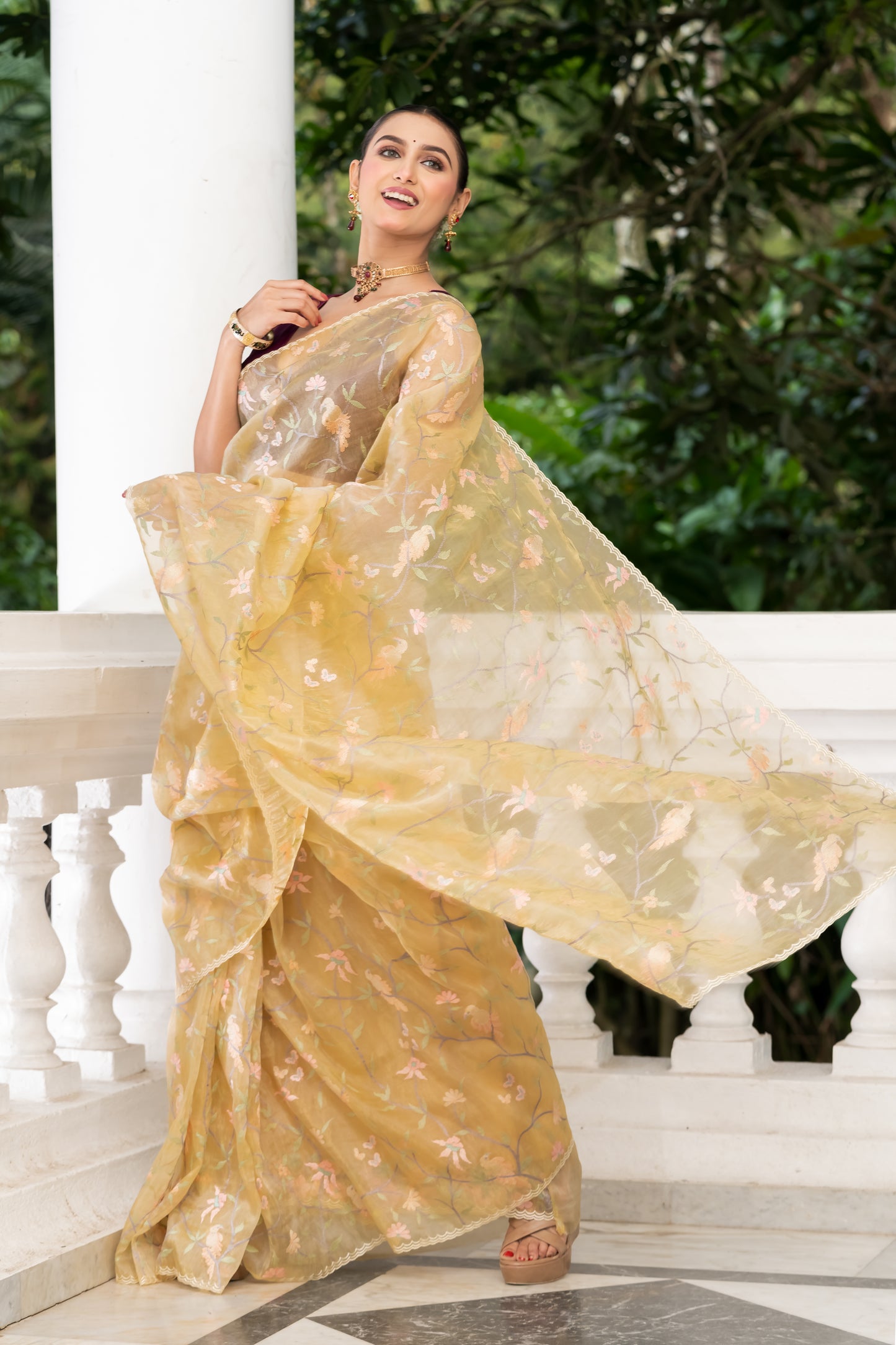 beige fancy tissue embroidery saree