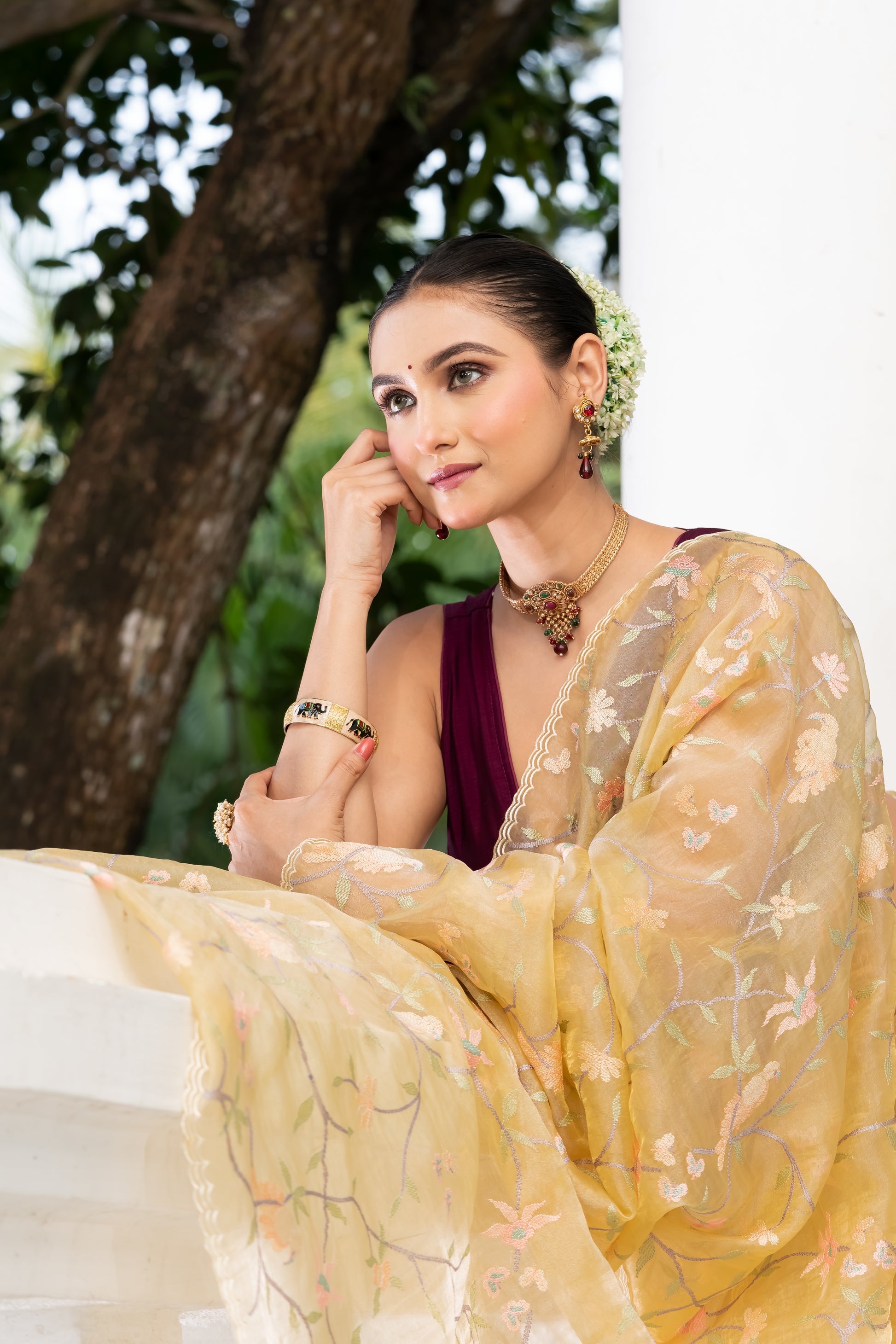 beige fancy tissue embroidery saree