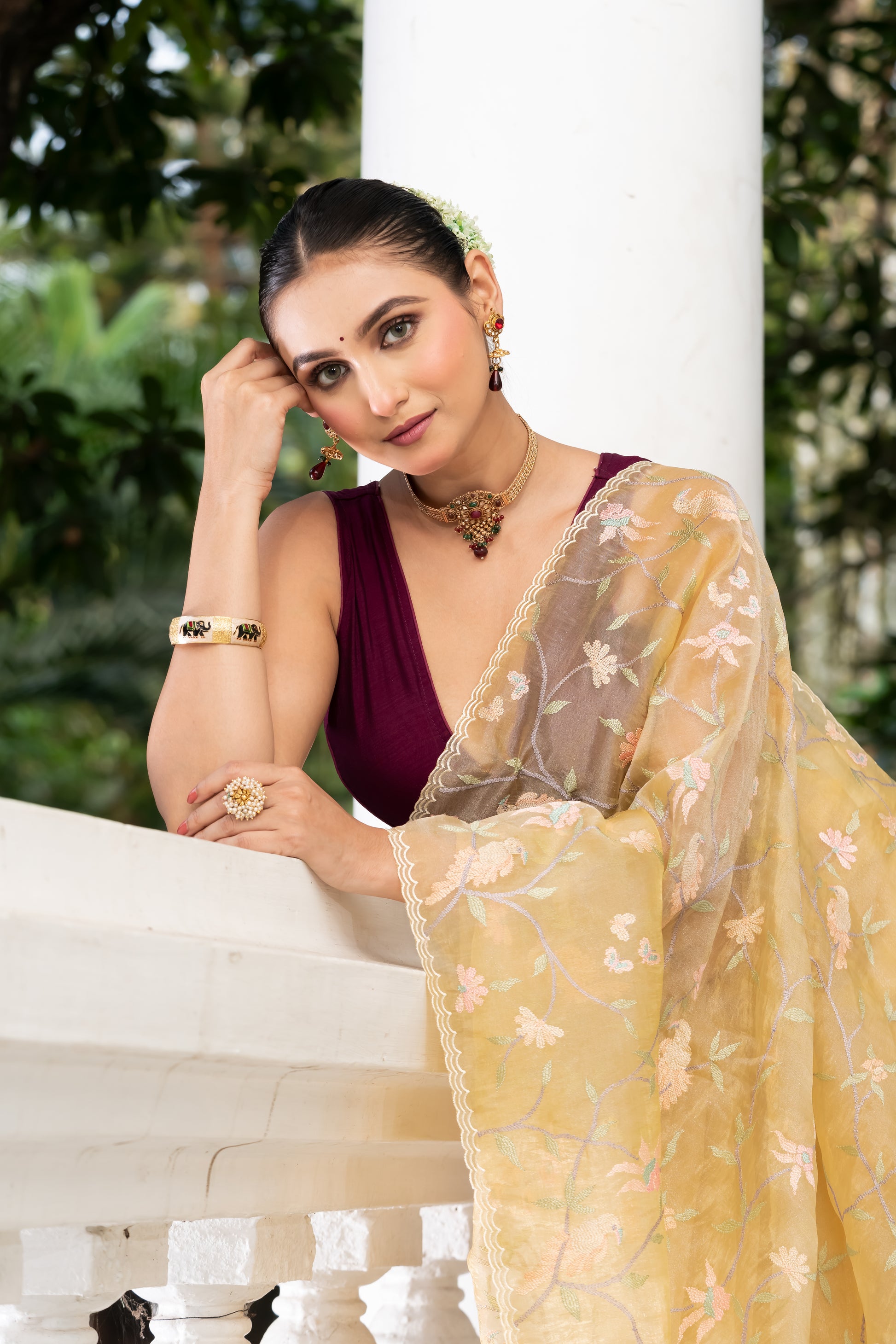 beige fancy tissue embroidery saree