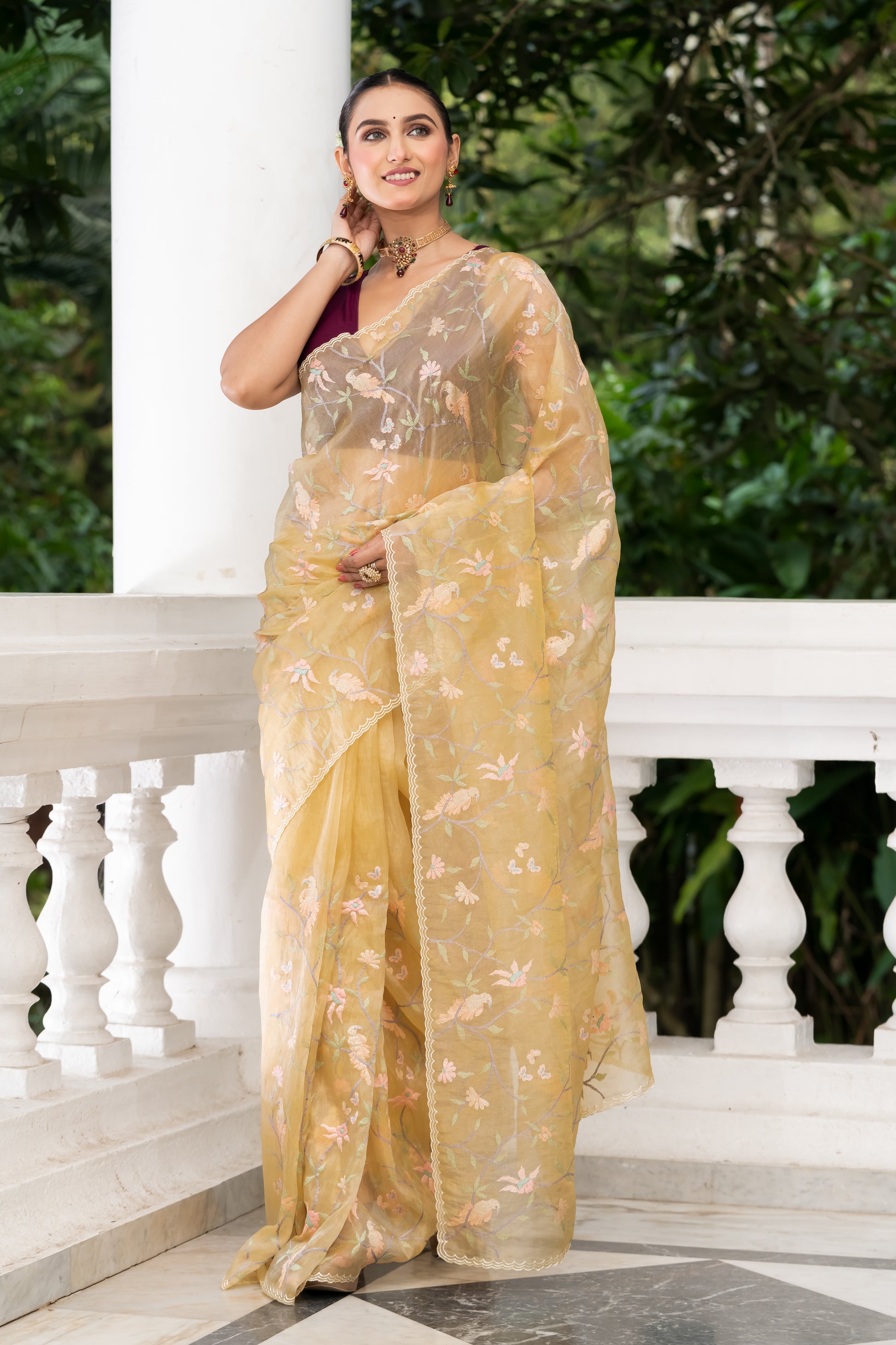 beige fancy tissue embroidery saree