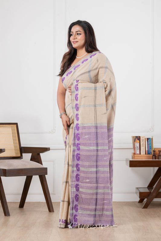 beige & purple khadi cotton saree
