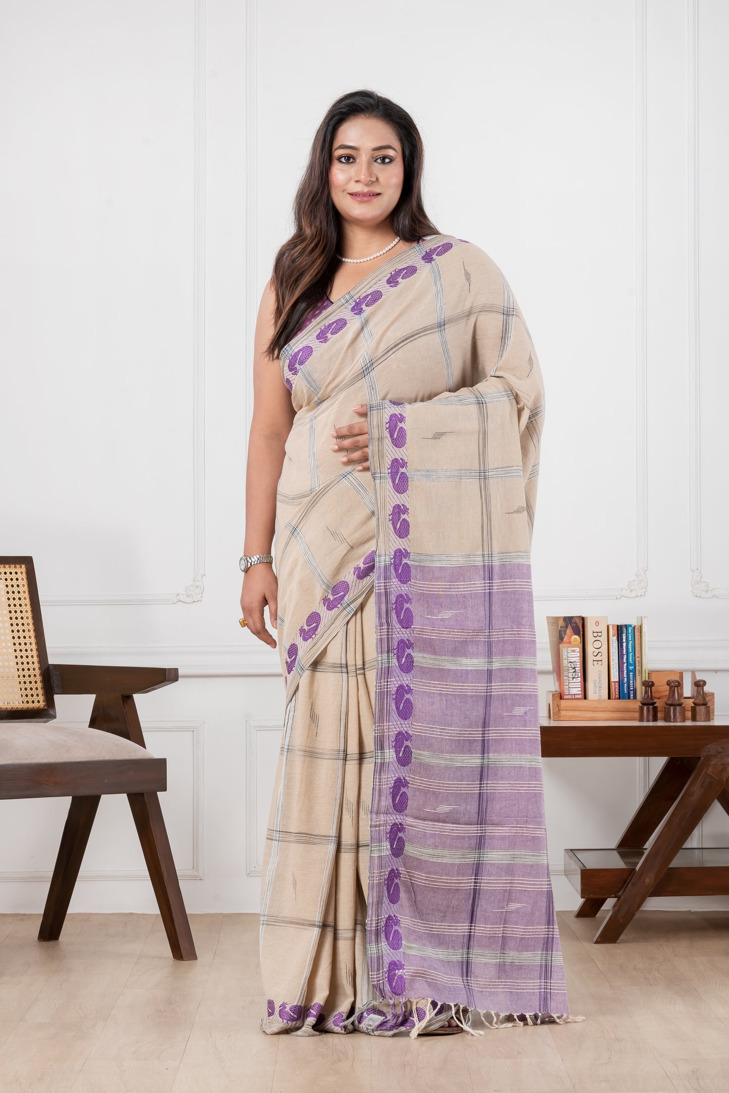 beige & purple khadi cotton saree