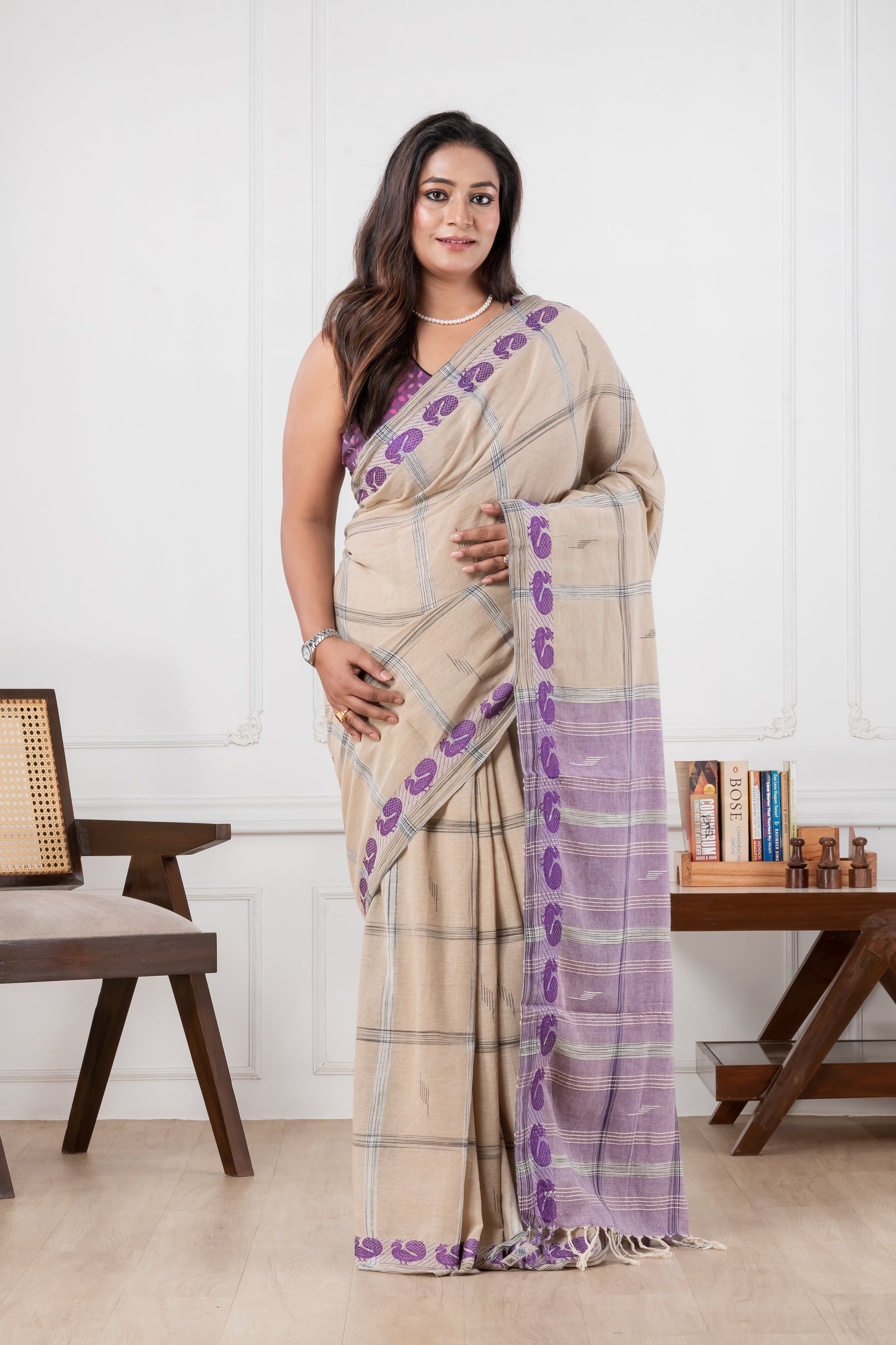 beige & purple khadi cotton saree
