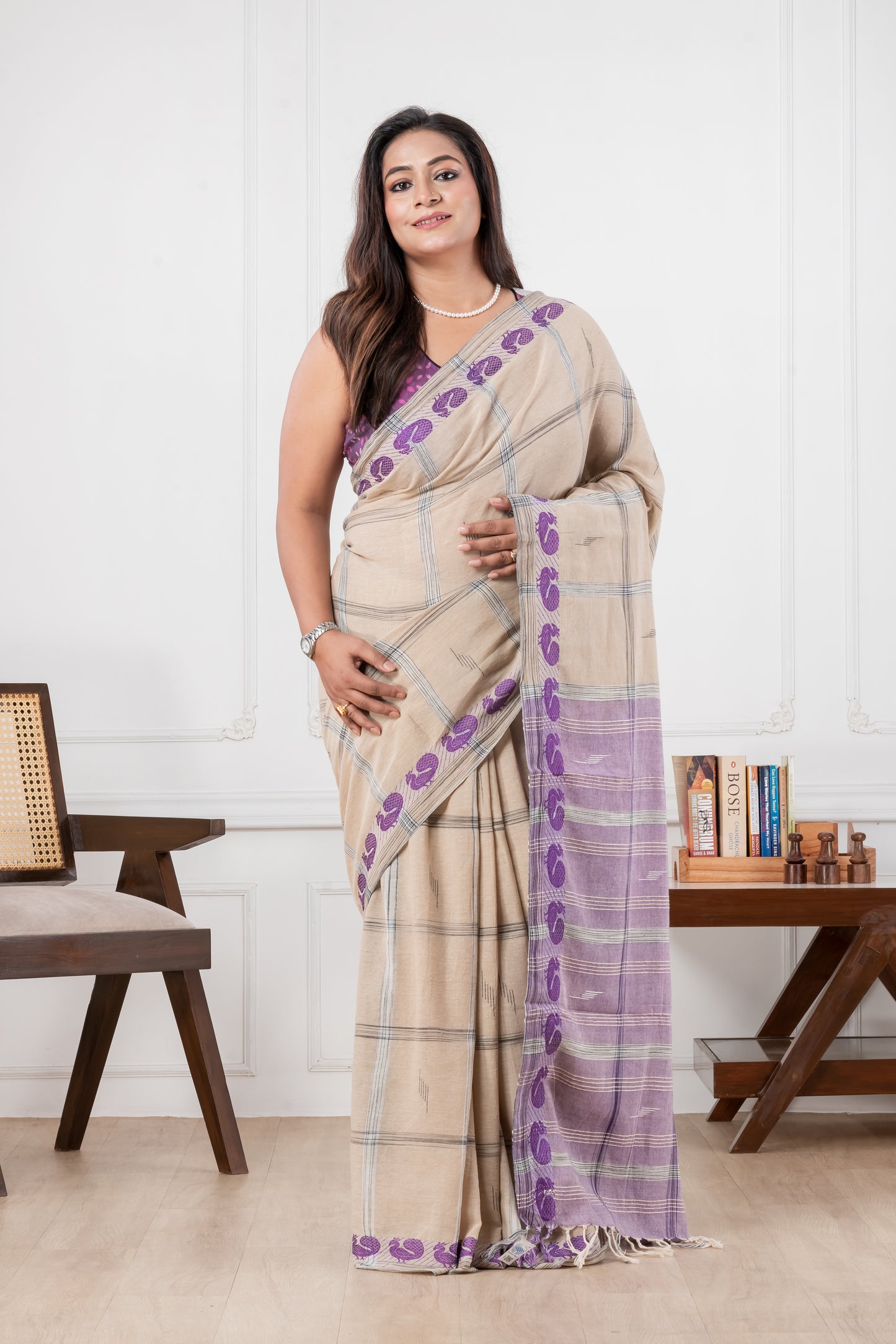 beige & purple khadi cotton saree