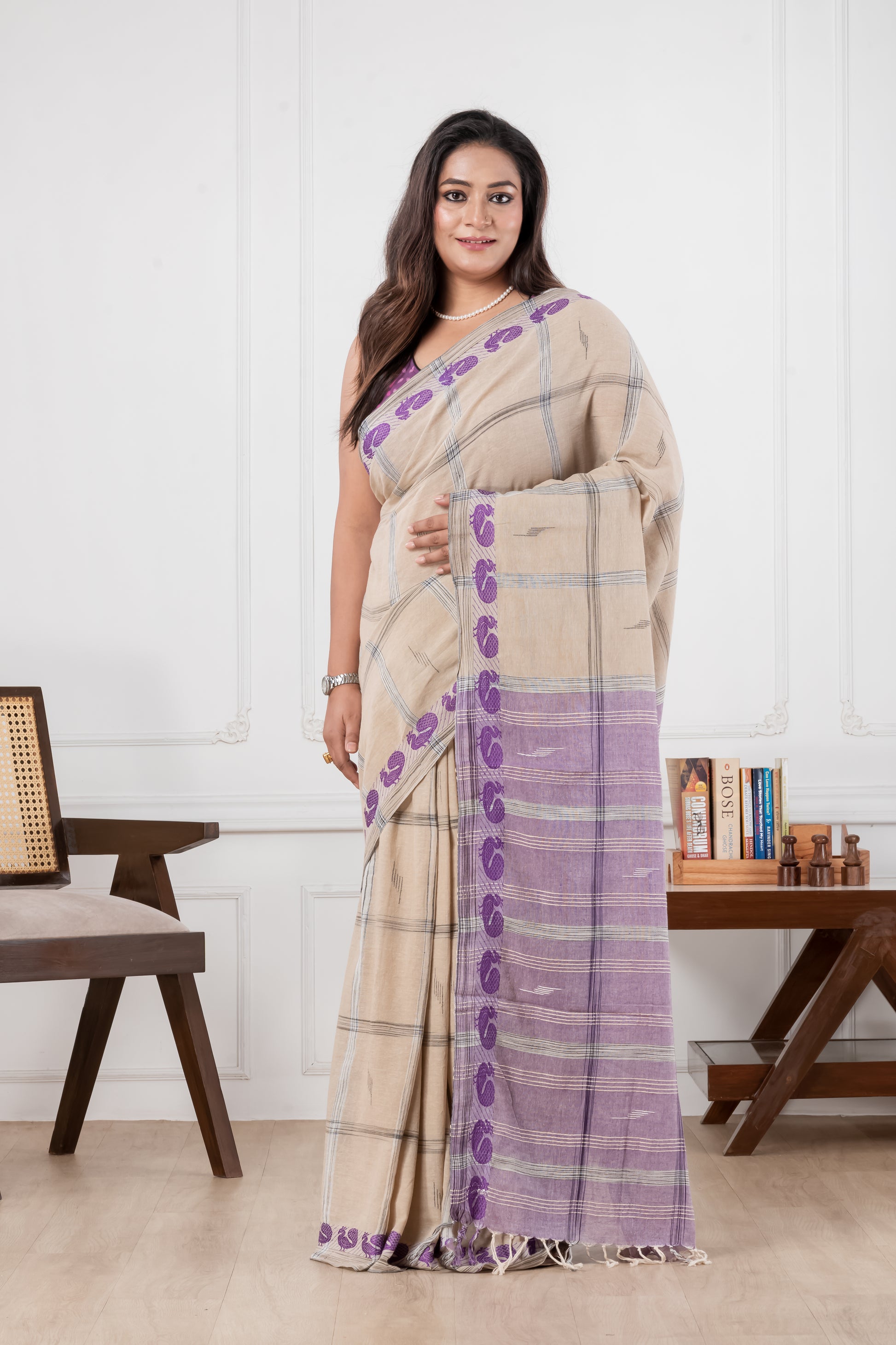 beige & purple khadi cotton saree
